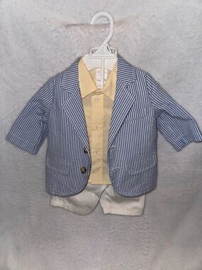 Baby Boys Blue Stripe Blazer suit Set with Yellow Shirt and white pants